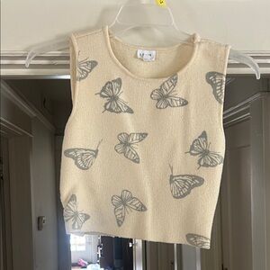 Le Lis Cream Knit Butterfly Crop Top with Gray Prints